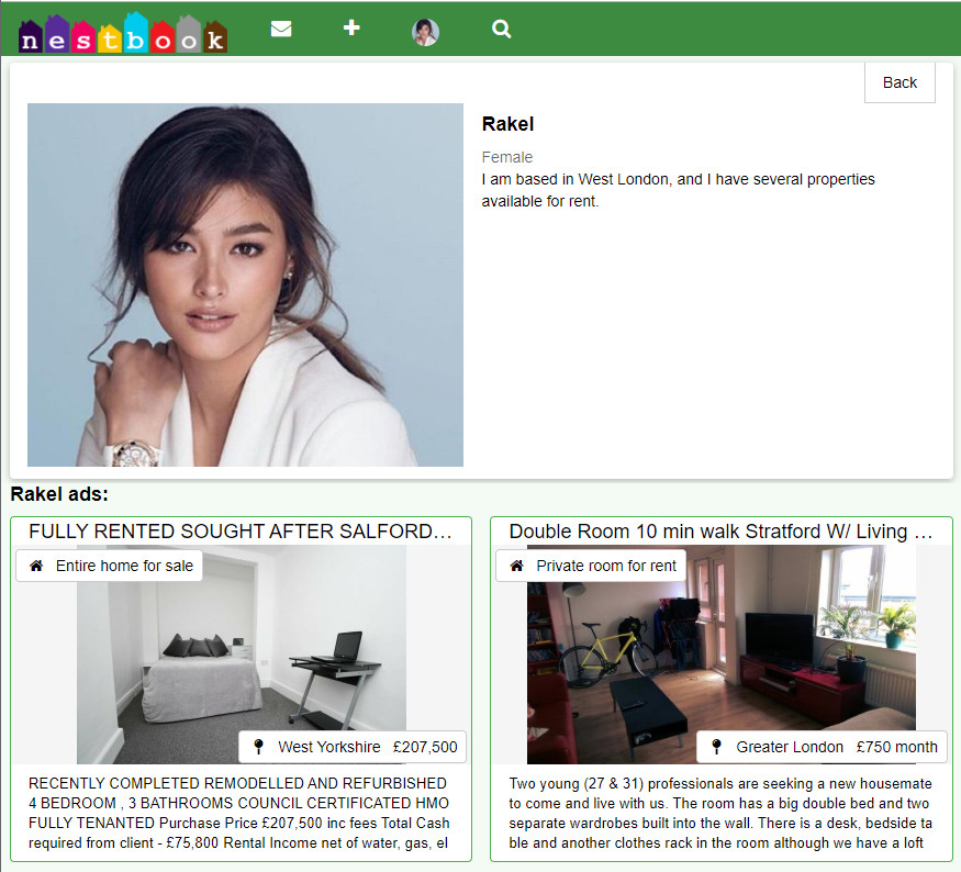 Estate agent branded page with list of properties for sale and rent