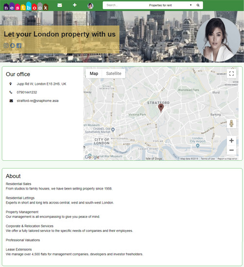 Premium estate agent branded page with list of properties for sale and rent
